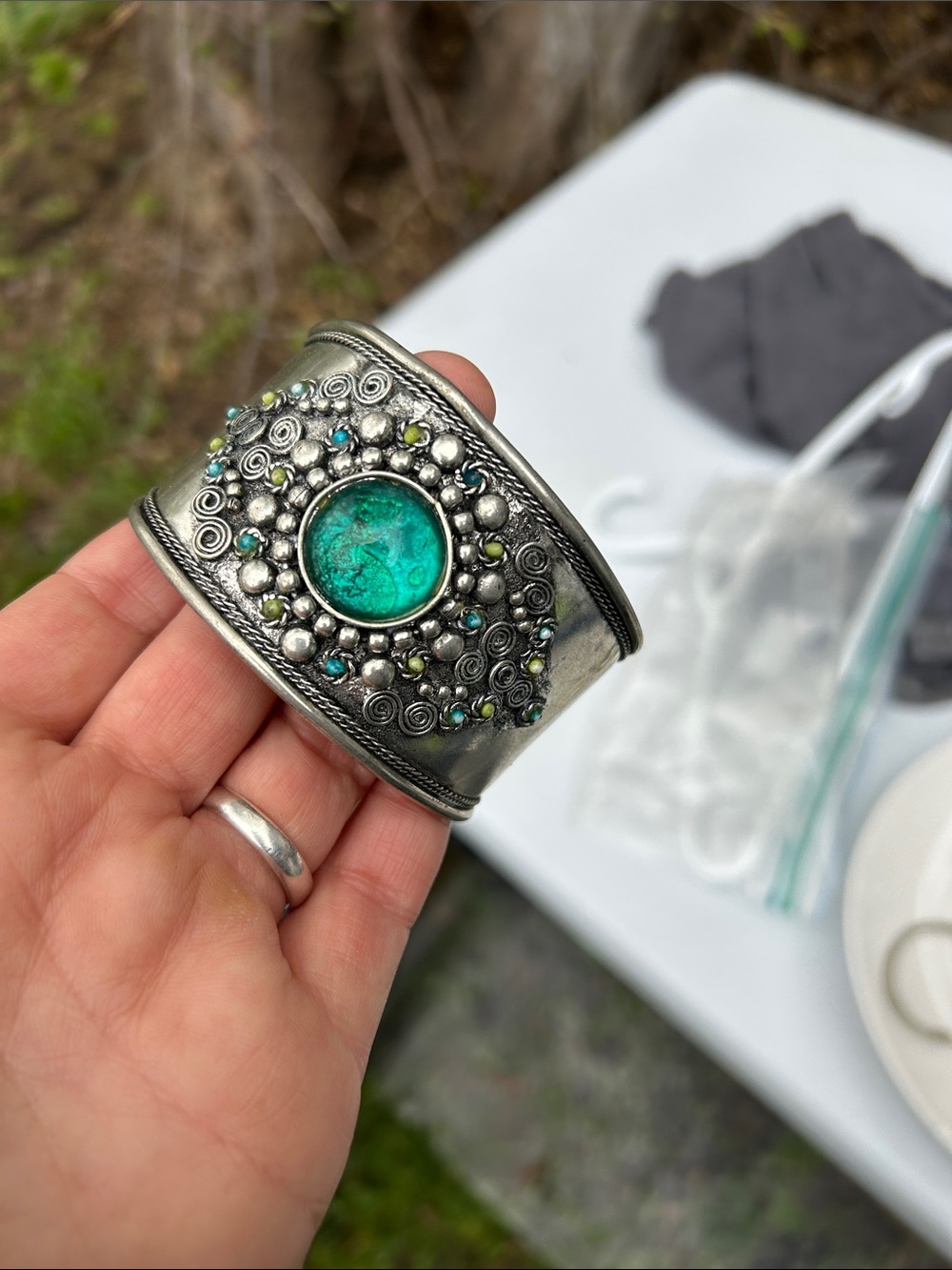 Silver Boho Cuff Bracelet with Turquoise Center